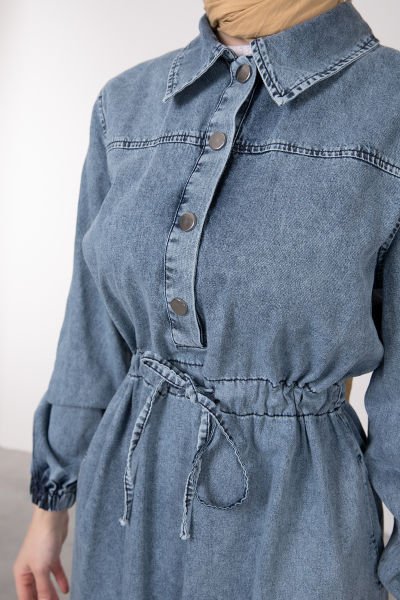Gömlek Yaka Düğmeli Beli Ayarlanabilir Jean Elbise Mavi