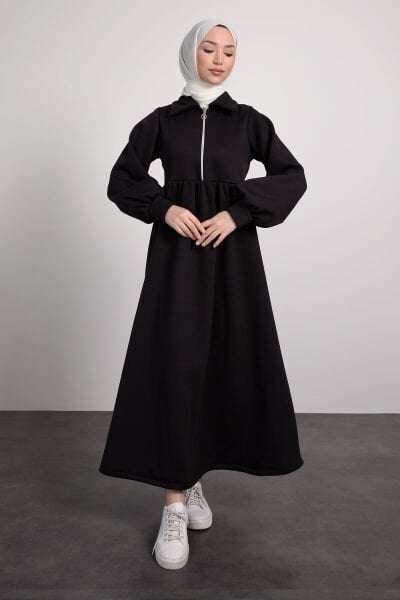 Fermuar Detaylı Üç iplik Tesettür Elbise Siyah