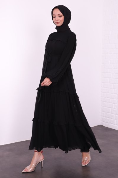Fırfırlı Kat Kat Şifon Tesettür Elbise Siyah