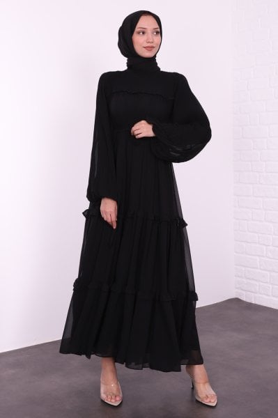 Fırfırlı Kat Kat Şifon Tesettür Elbise Siyah