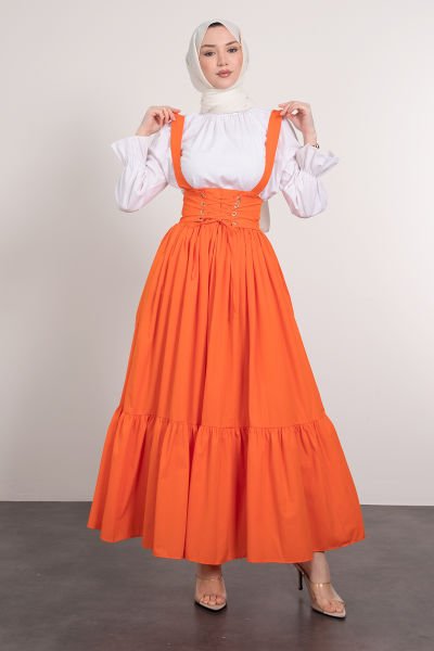 فستان حجاب دانتيل رفيع بحزام متقاطع برتقالي