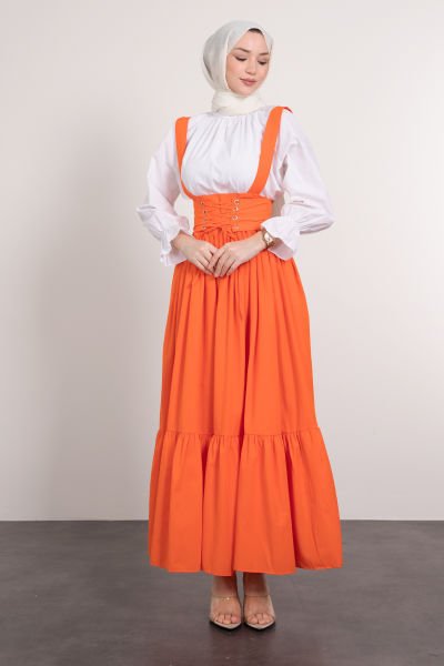 فستان حجاب دانتيل رفيع بحزام متقاطع برتقالي