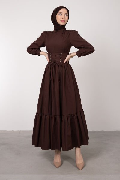 Beli Çapraz Bağcıklı Vintage Tesettür Elbise Koyu Kahve