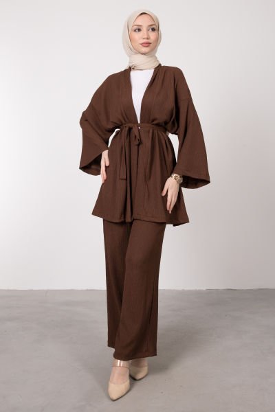 Kimono Rahat Kesim Örme Gofre Tesettür Takım Kahverengi