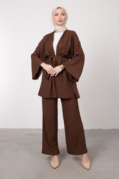 Kimono Rahat Kesim Örme Gofre Tesettür Takım Kahverengi