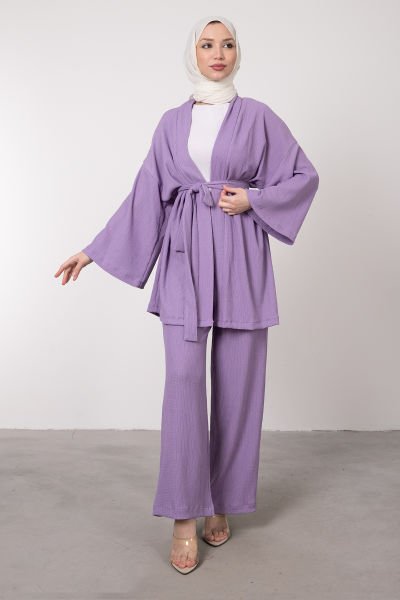 Kimono Rahat Kesim Örme Gofre Tesettür Takım Lila
