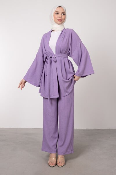 Kimono Rahat Kesim Örme Gofre Tesettür Takım Lila