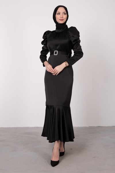 Altı Fırfırlı Kol Detaylı Tesettür Elbise Siyah