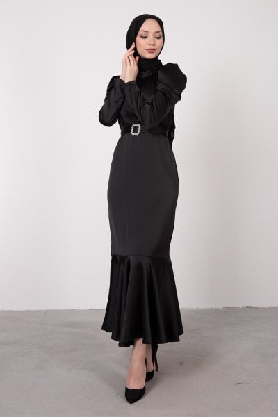 Altı Fırfırlı Kol Detaylı Tesettür Elbise Siyah
