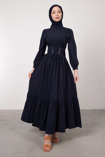 Beli Çapraz Bağcıklı Vintage Tesettür Elbise Lacivert