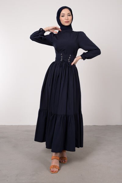 Beli Çapraz Bağcıklı Vintage Tesettür Elbise Lacivert