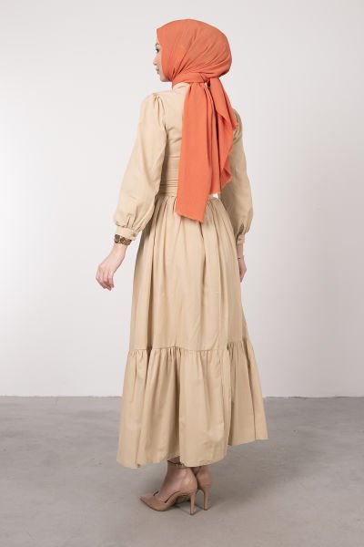 Beli Çapraz Bağcıklı Vintage Tesettür Elbise Vizon