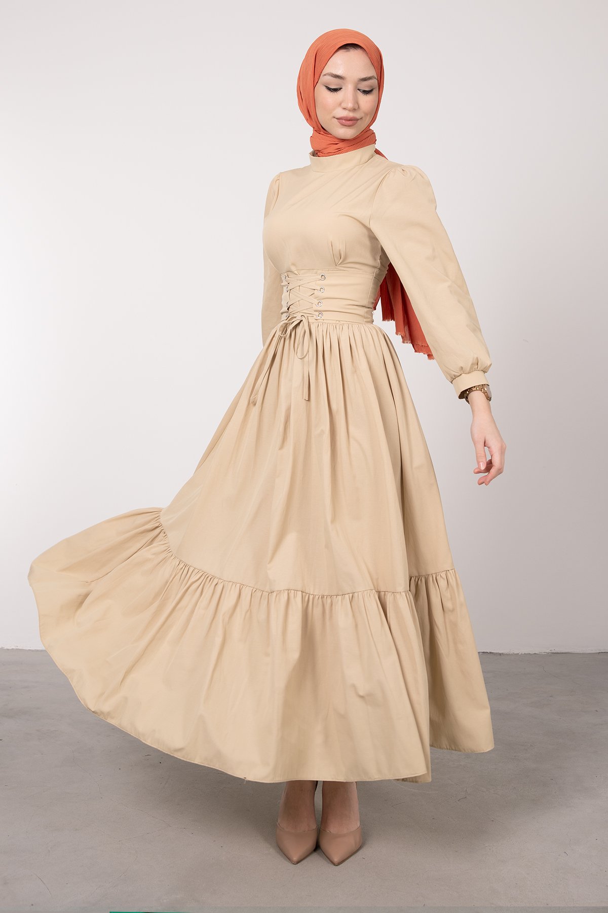 Beli Çapraz Bağcıklı Vintage Tesettür Elbise Vizon