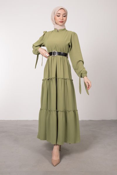 Kat Fırfırlı Yaka Detaylı Tesettür Elbise Küf Yeşili