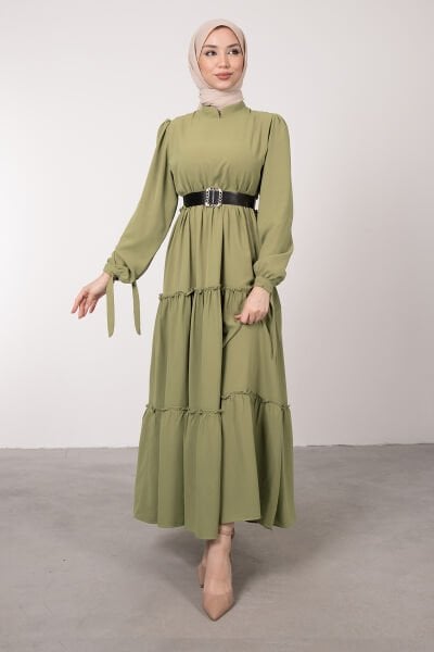 Kat Fırfırlı Yaka Detaylı Tesettür Elbise Küf Yeşili