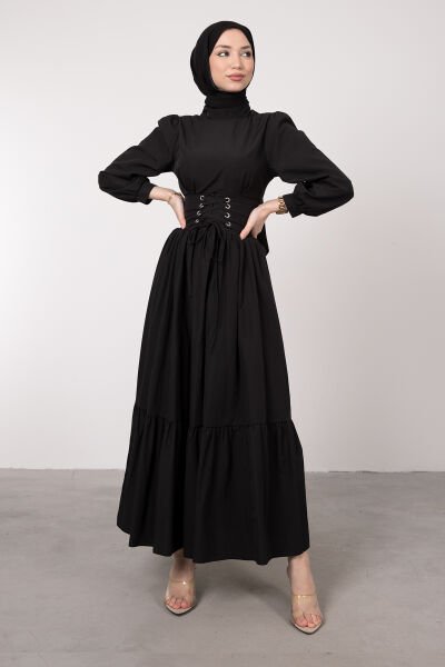 Beli Çapraz Bağcıklı Vintage Tesettür Elbise Siyah
