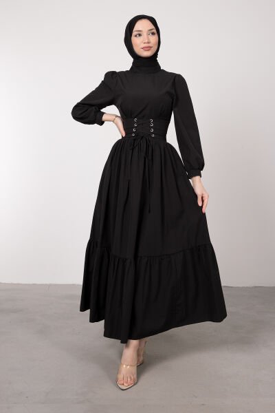 Beli Çapraz Bağcıklı Vintage Tesettür Elbise Siyah