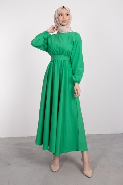 Kuşaklı Kloş Elbise Fıstık Yeşili