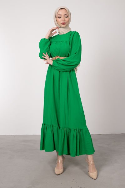 Kendinden Dokulu Hasır Kemerli Tesettür Elbise Çim Yeşili