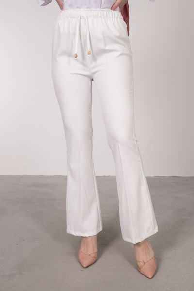 İspanyol Paça Beli Lastikli Klasik Pantolon Beyaz
