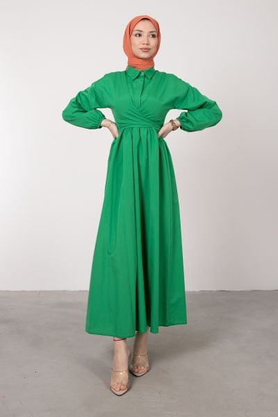 Poplin Çapraz Bağlamalı Uzun Tesettür Elbise Çim Yeşili