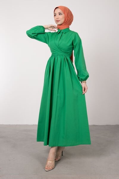 Poplin Çapraz Bağlamalı Uzun Tesettür Elbise Çim Yeşili