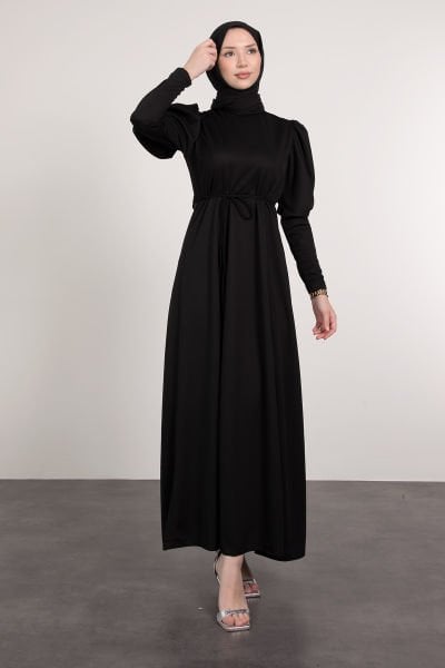 فستان حجاب بحزام وتفاصيل بالونية على الكتف باللون الأسود