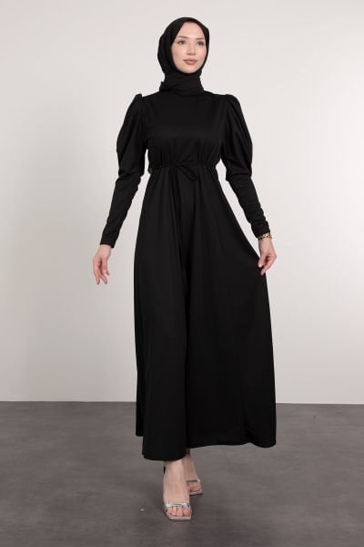 فستان حجاب بحزام وتفاصيل بالونية على الكتف باللون الأسود