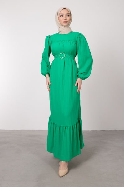 Mini Elips Kemerli Dikiş Detaylı Tesettür Elbise Çim Yeşili