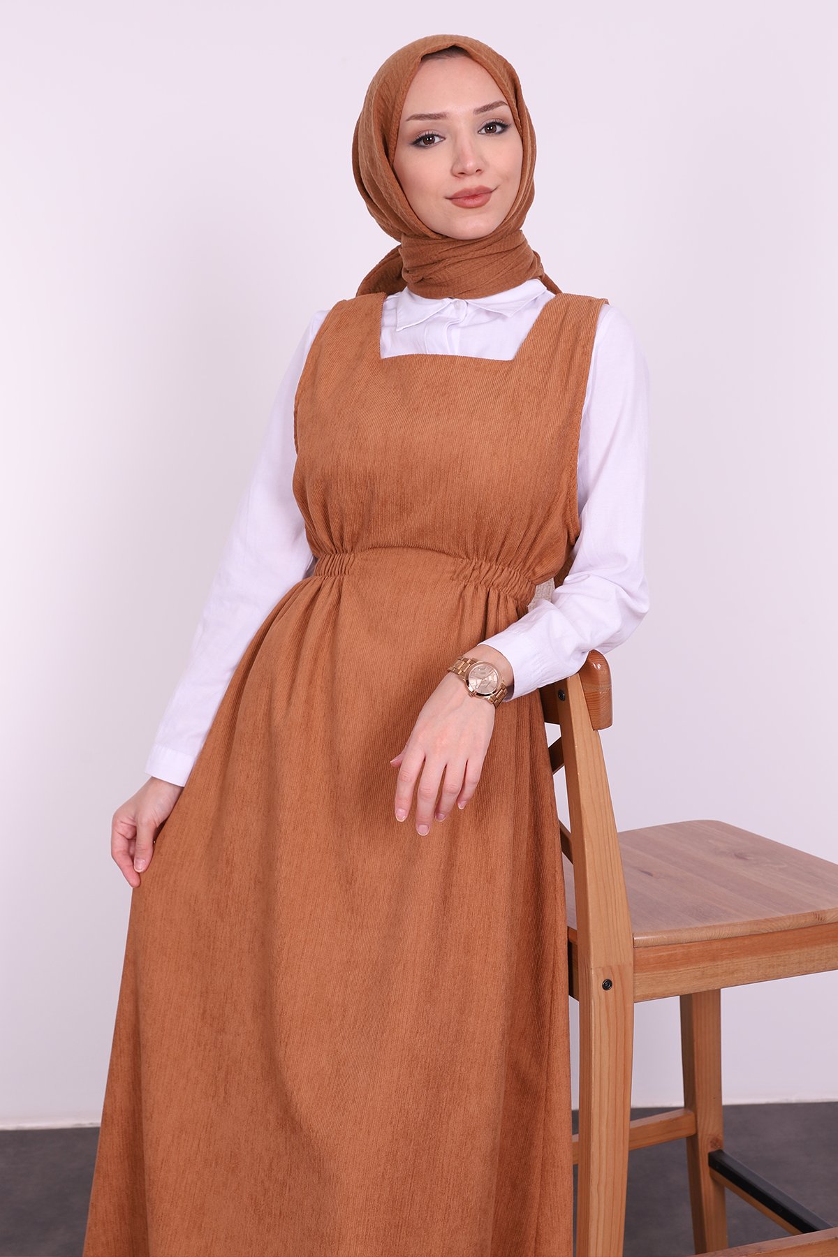 Thick Shoulder Stripe Hijab Gilet Dress Orange