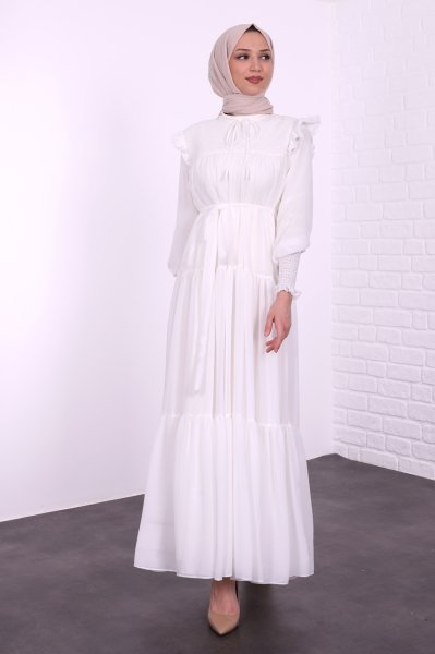 Yakası Bağcıklı Manşet Lastikli Elbise Beyaz