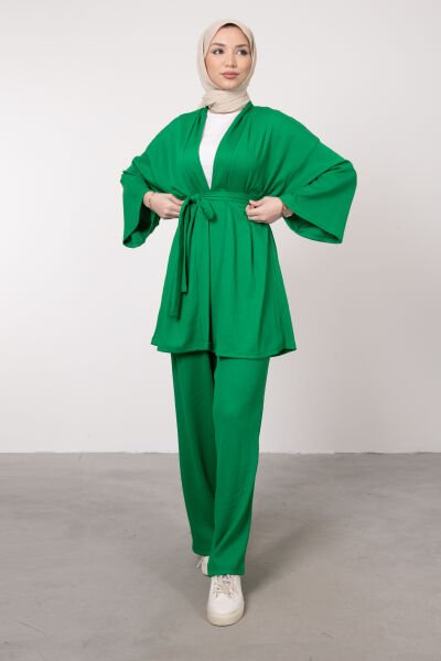 Kimono Rahat Kesim Örme Gofre Tesettür Takım Çim Yeşili