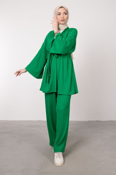Kimono Rahat Kesim Örme Gofre Tesettür Takım Çim Yeşili