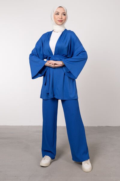 Kimono Rahat Kesim Örme Gofre Tesettür Takım Saks