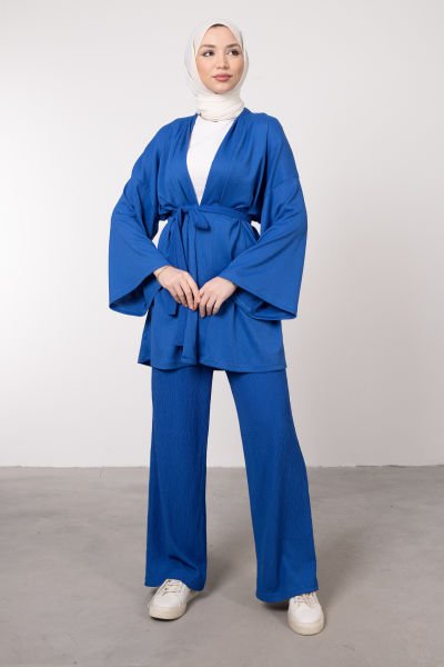Kimono Rahat Kesim Örme Gofre Tesettür Takım Saks