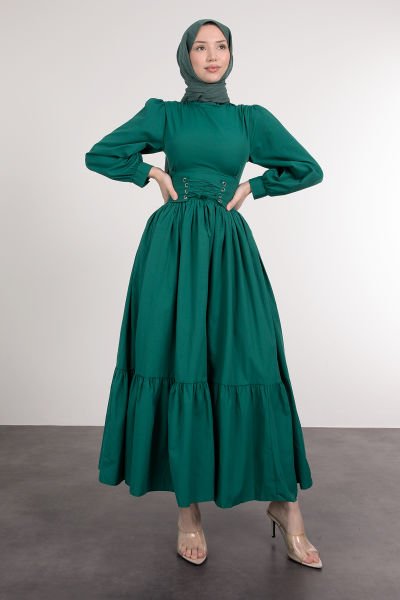 Beli Çapraz Bağcıklı Vintage Tesettür Elbise Zümrüt
