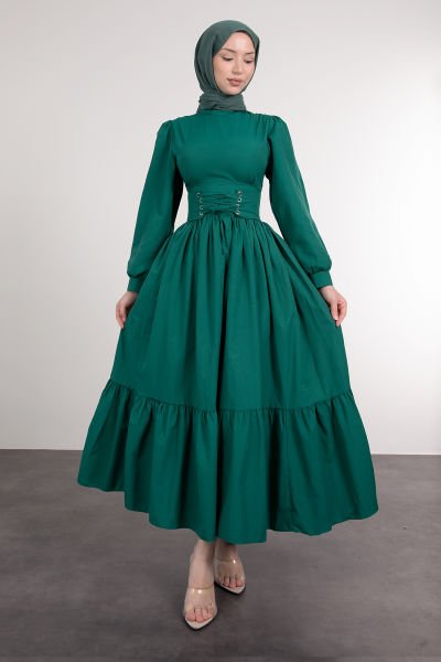 Beli Çapraz Bağcıklı Vintage Tesettür Elbise Zümrüt