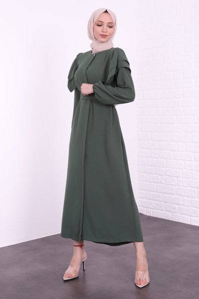 Omuz Fırfırlı Boydan Düğmeli Tesettür Elbise Zümrüt