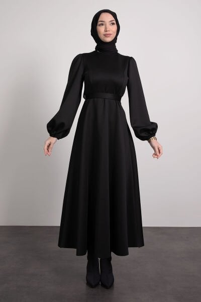 Pof Dalgıç Kumaş Kloş Tesettür Elbise Siyah