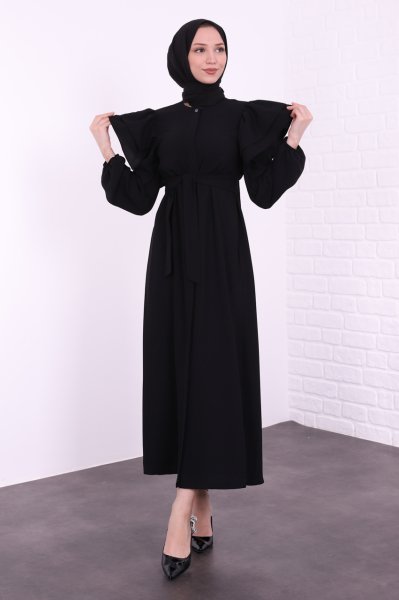 Omuz Fırfırlı Boydan Düğmeli Tesettür Elbise Siyah
