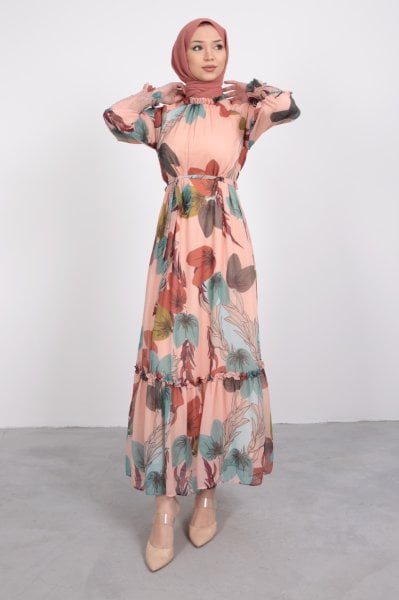 Renkli Çiçekli Fırfırlı Tesettür Elbise Vizon
