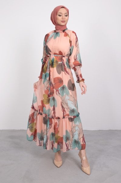 Renkli Çiçekli Fırfırlı Tesettür Elbise Vizon