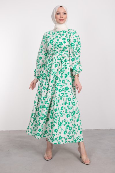 Baskı Desenli Çiçekli Tesettür Elbise Yeşil