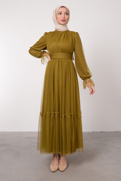 Boydan Tül Kat Fırfırlı Tesettür Elbise Petrol Yeşili