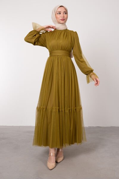 Boydan Tül Kat Fırfırlı Tesettür Elbise Petrol Yeşili