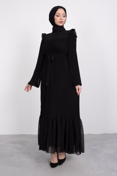 İncelik Piliseli Kat Fırfırlı Tesettür Elbise Siyah