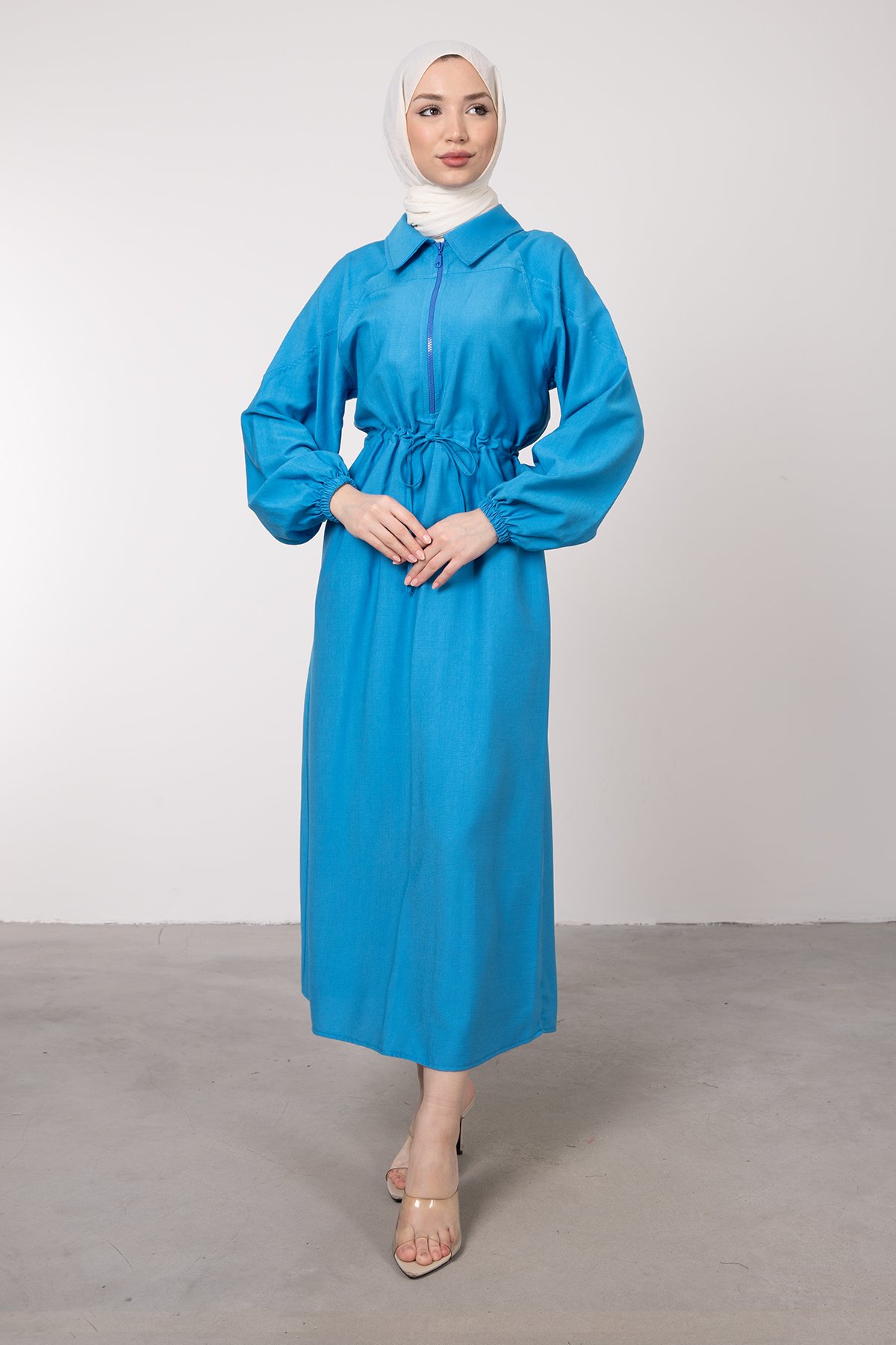 Ön Yarı Fermuarlı Ayarlanabilir Bel Bağcıklı Tesettür Elbise Mavi