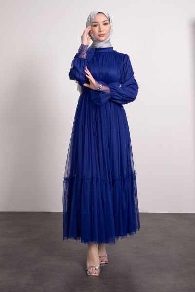 Boydan Tül Kat Fırfırlı Tesettür Elbise Saks