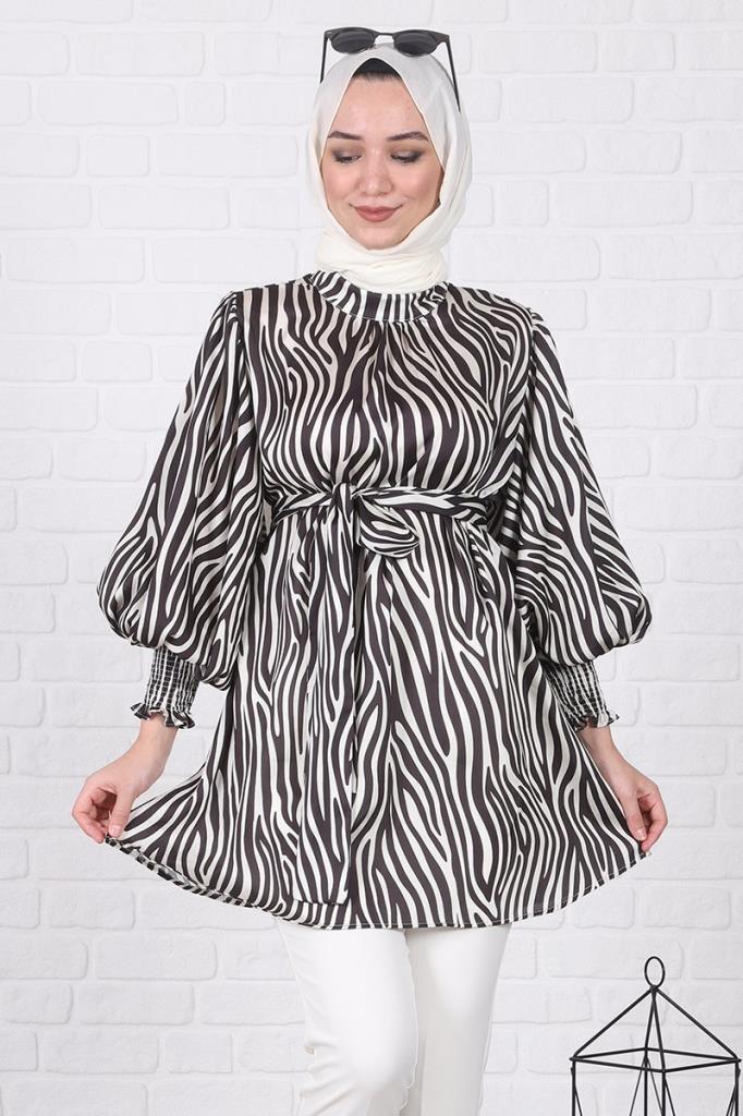 Zebra Desenli Balon Kol Tunik Siyah