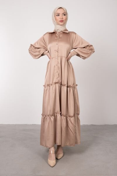 Minimalist Fırfırlı Balon Kol Saten Elbise Vizon